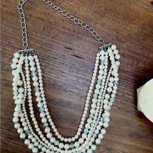 Multiplayered Elegant White Pearls Glass/Cristal beads & Silver tone Necklace